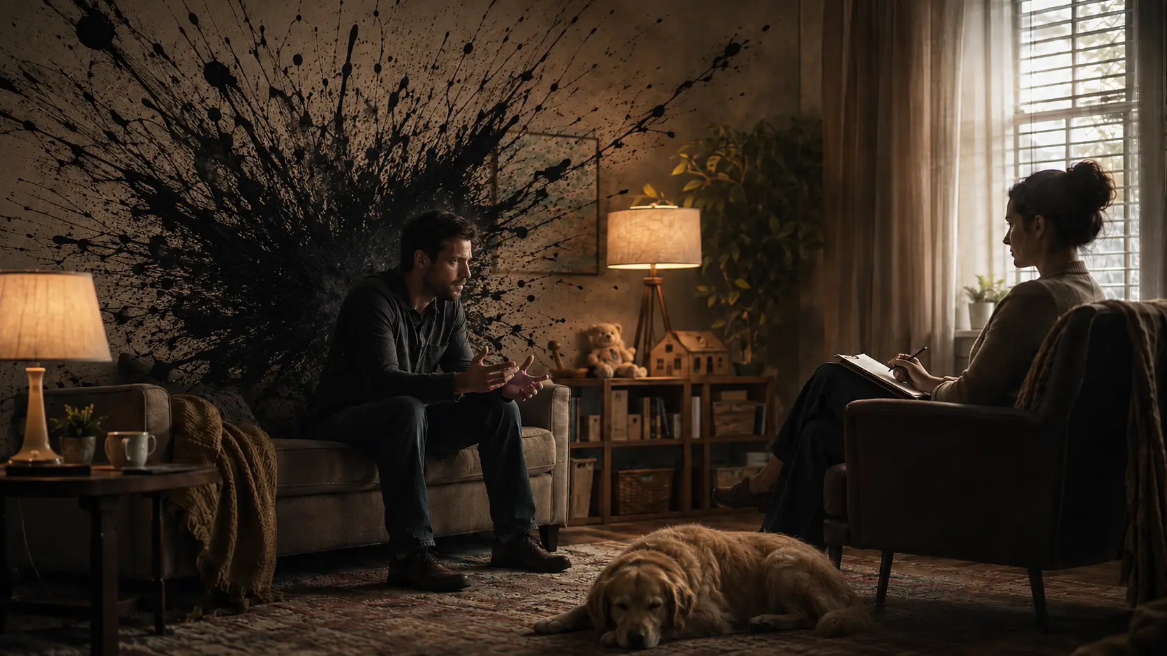 A man sitting with a therapist and talking while black ink explodes out of him visually
