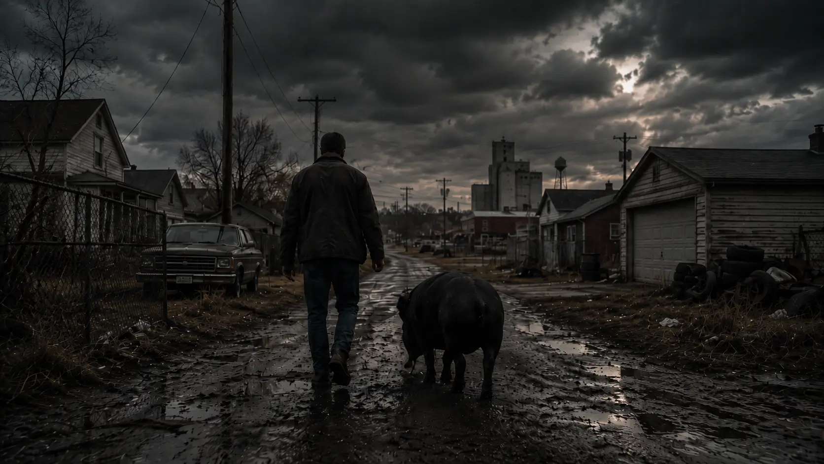 A man walking with a pig in an ominous, stormy setting through a small town